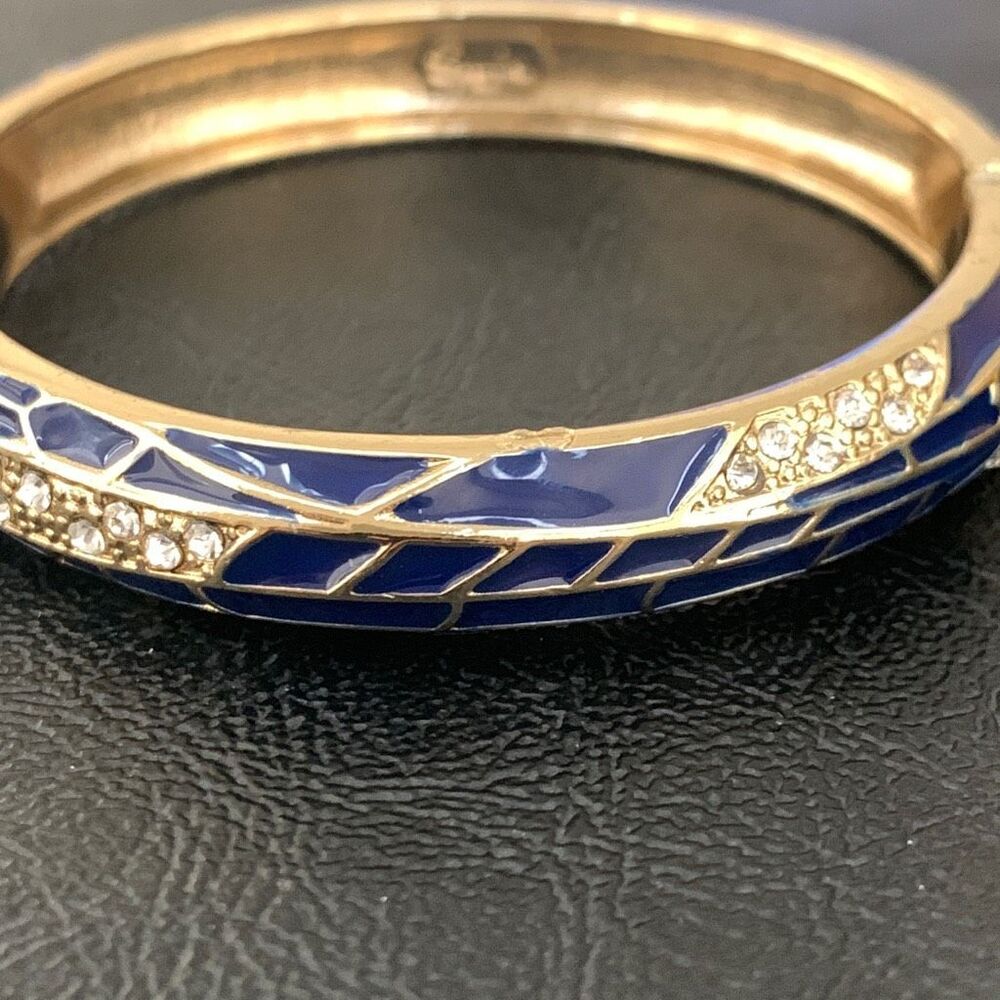 Sequin NYC Navy Enamel & Crystal Gold Tone Hinged Bangle Bracelet